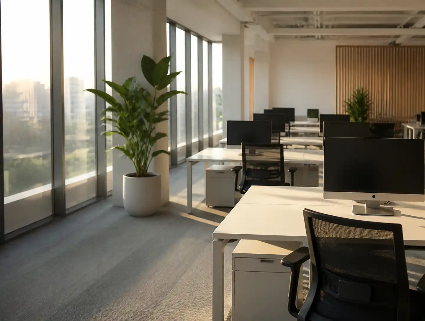 A small office with clean desks and wiped monitors before the team arrives