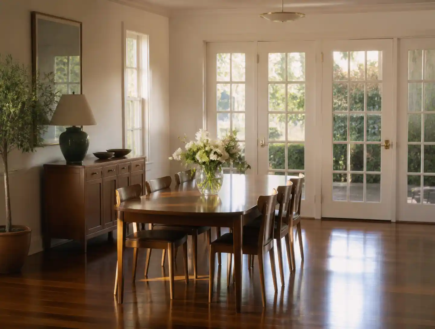 A dining room reset and gleaming after a party