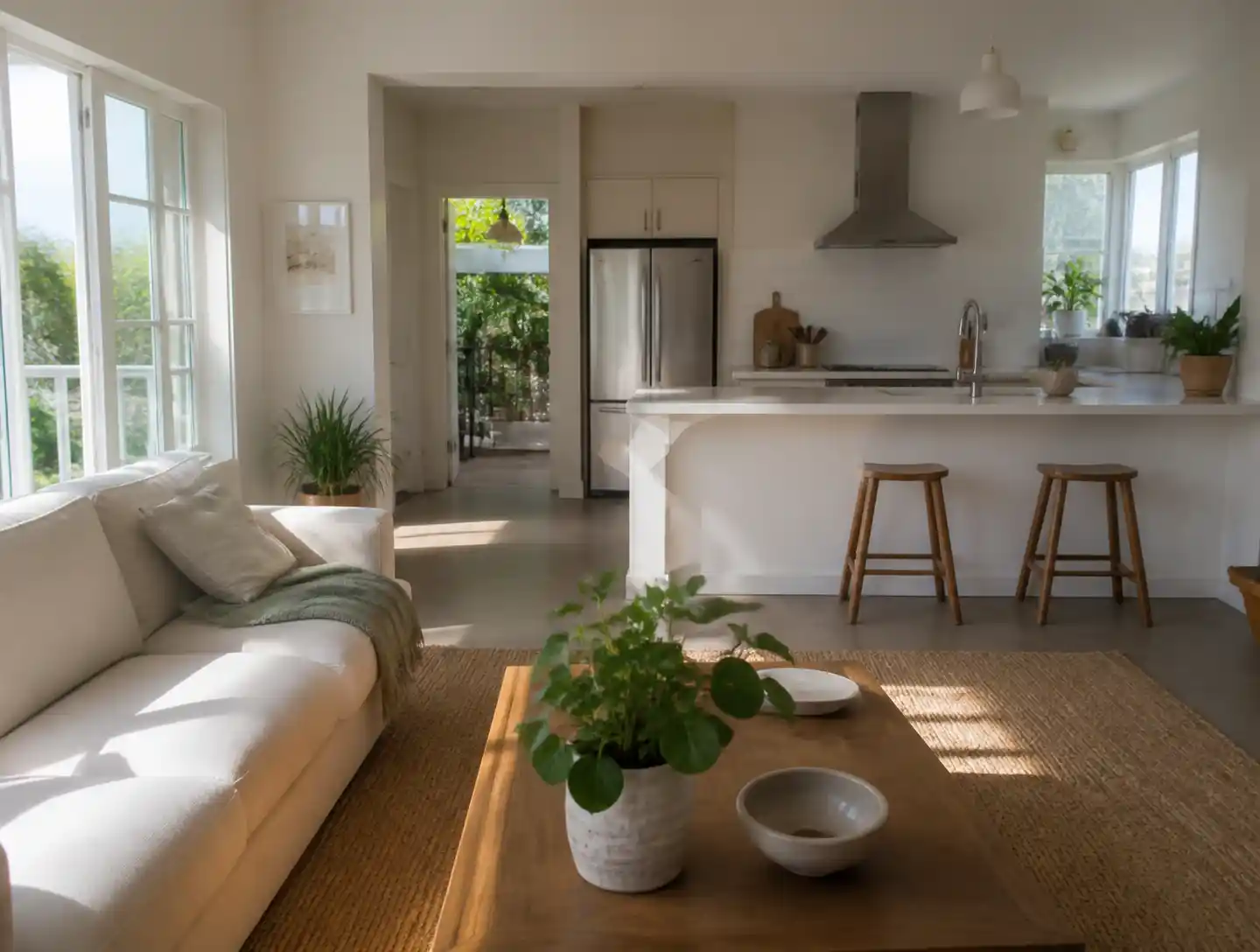 A bright, freshly cleaned San Diego living room and kitchen