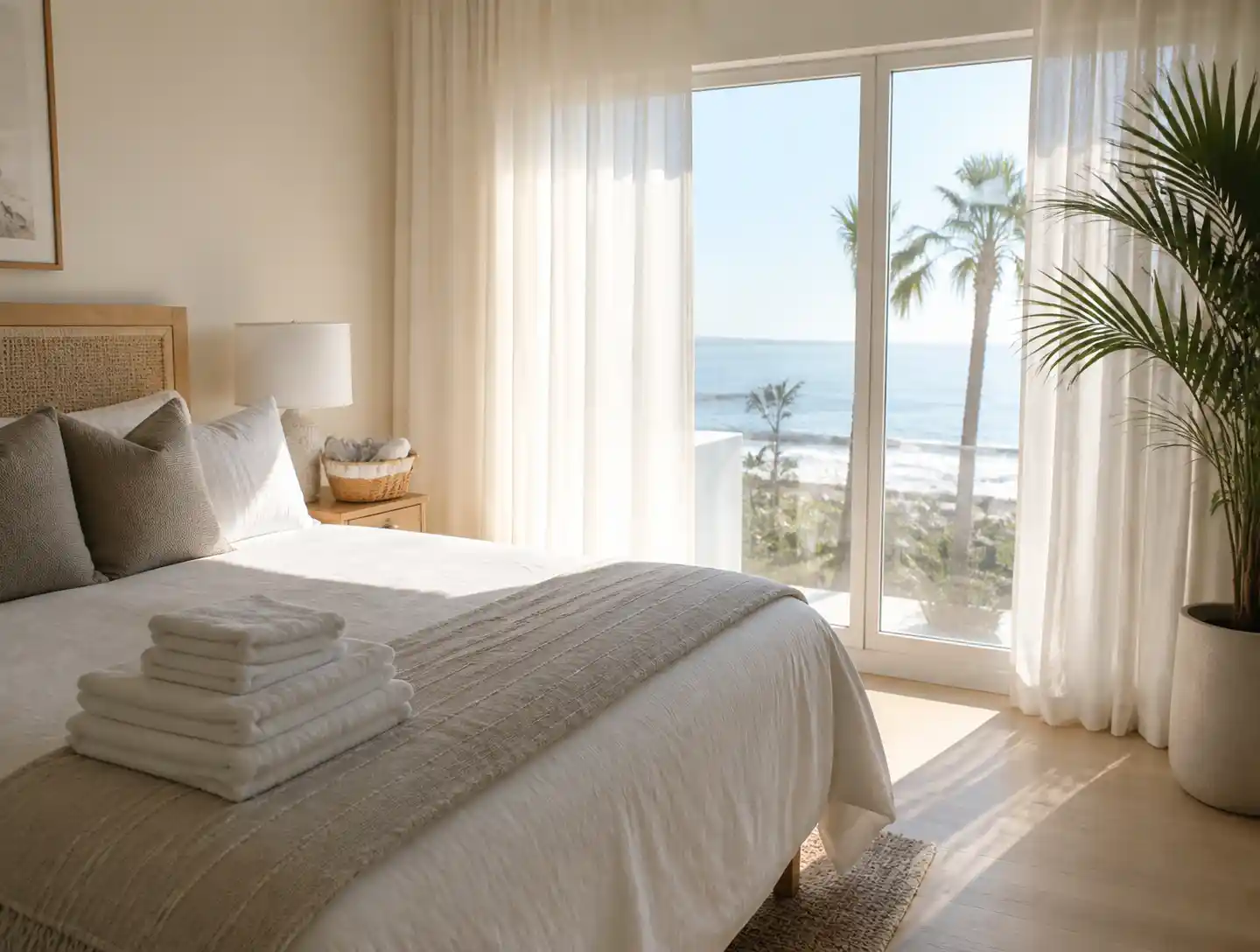 A coastal guest bedroom made up with fresh white linens and folded towels