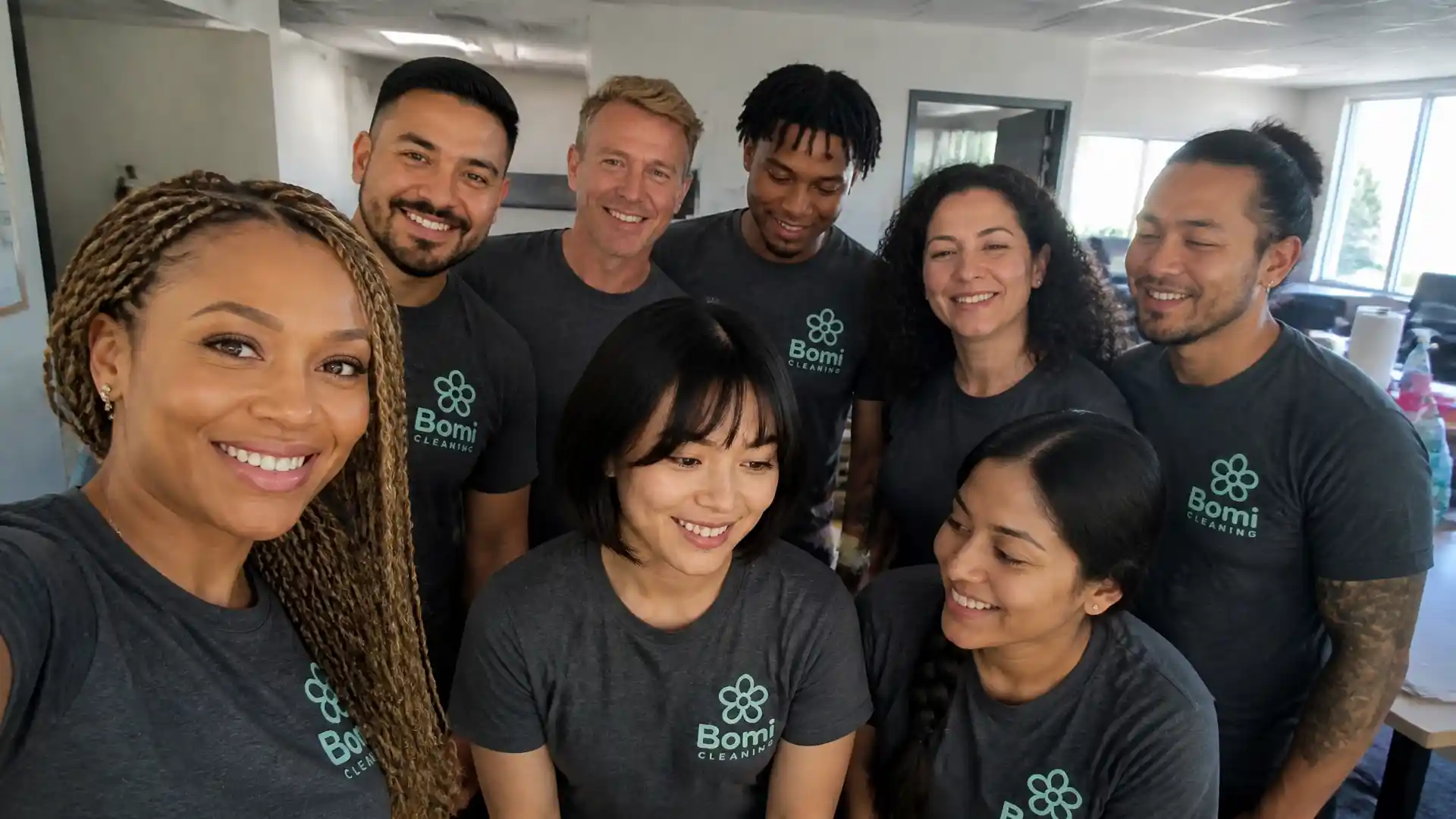 The Bomi Cleaning team together in their Bomi shirts in an office