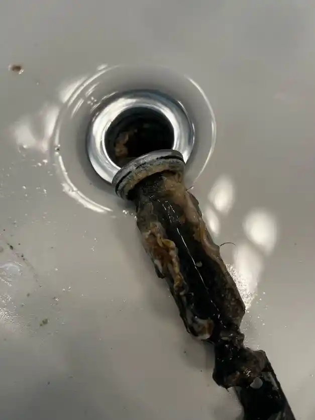 A bathtub drain stopper caked in hair and dark buildup, before cleaning